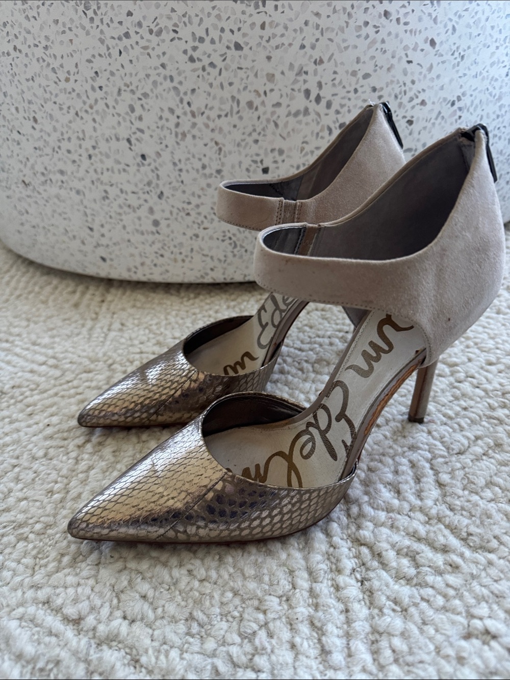 Sam Edelman Metallic Bronze Snakeskin Pointed-Toe Ankle-Strap Heels
